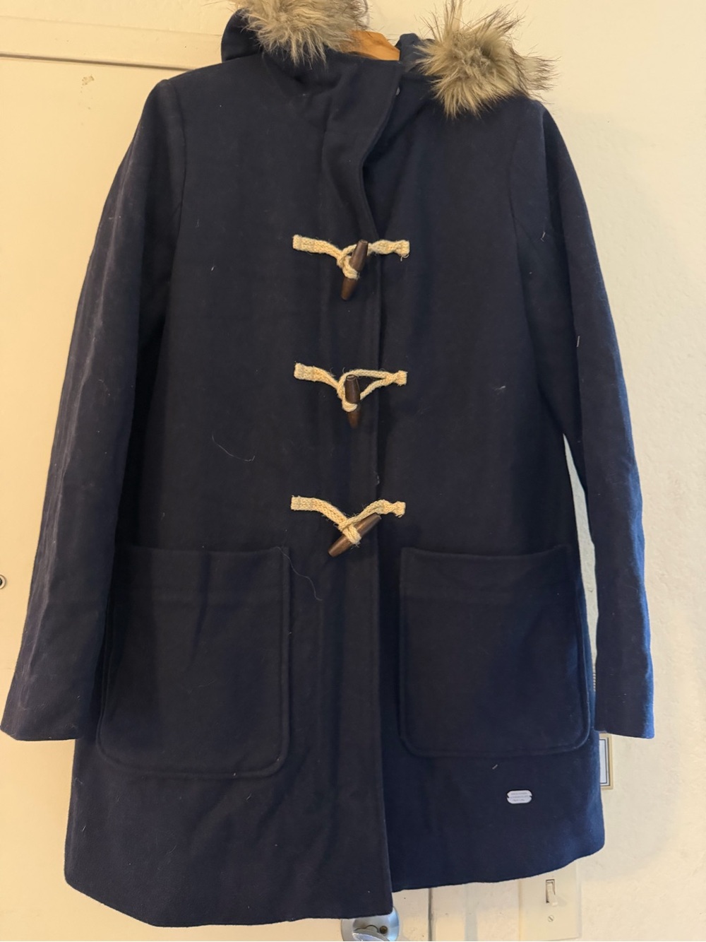 Abercrombie & Fitch Navy Wool-Blend Toggle Cowl Coat with Faux Fur Trim